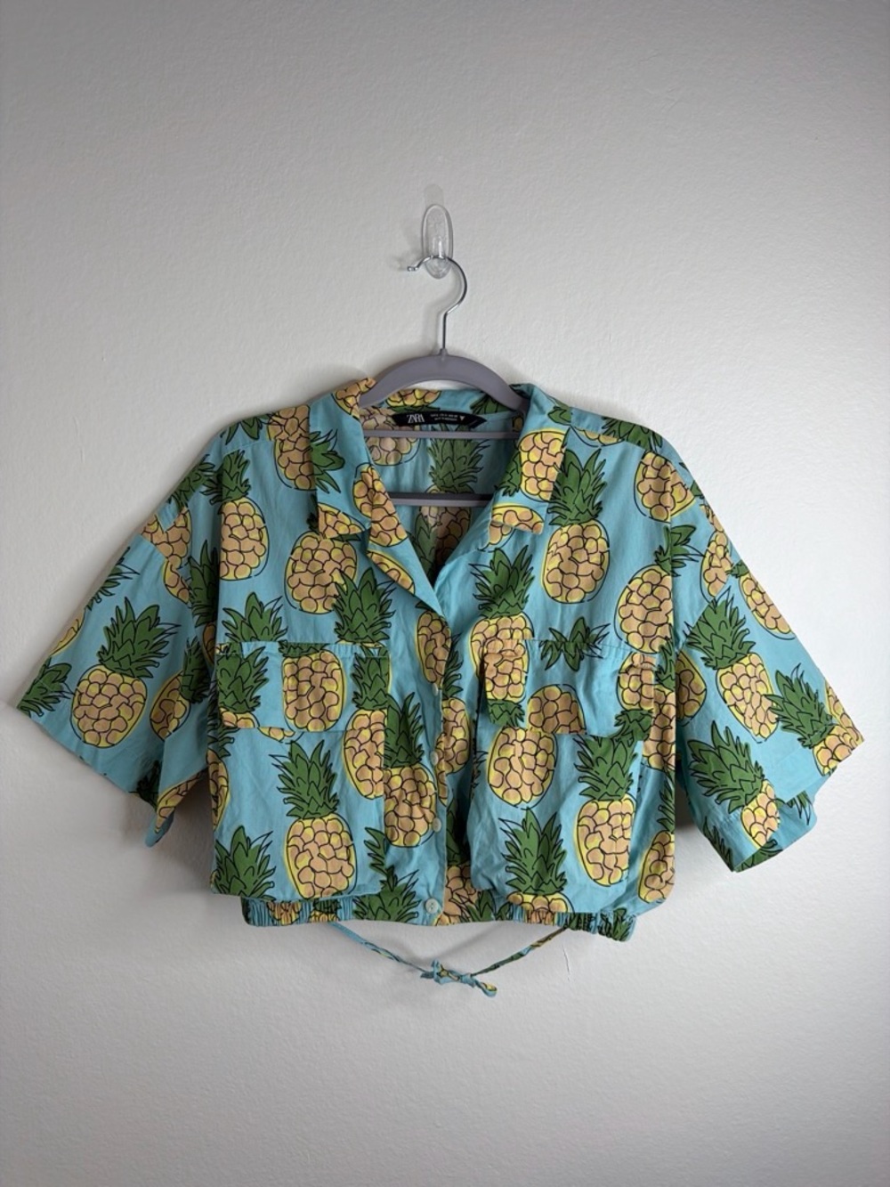 Zara Aqua Pineapple Print Crop Button-Up Top